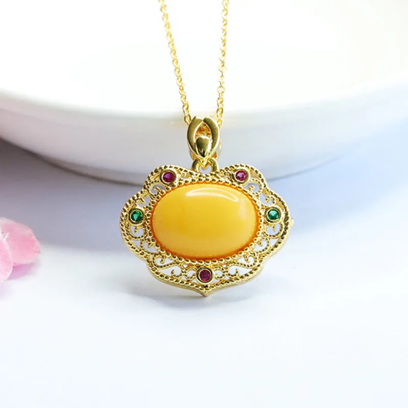 Golden Ruyi Necklace with Beeswax Amber and Zircon