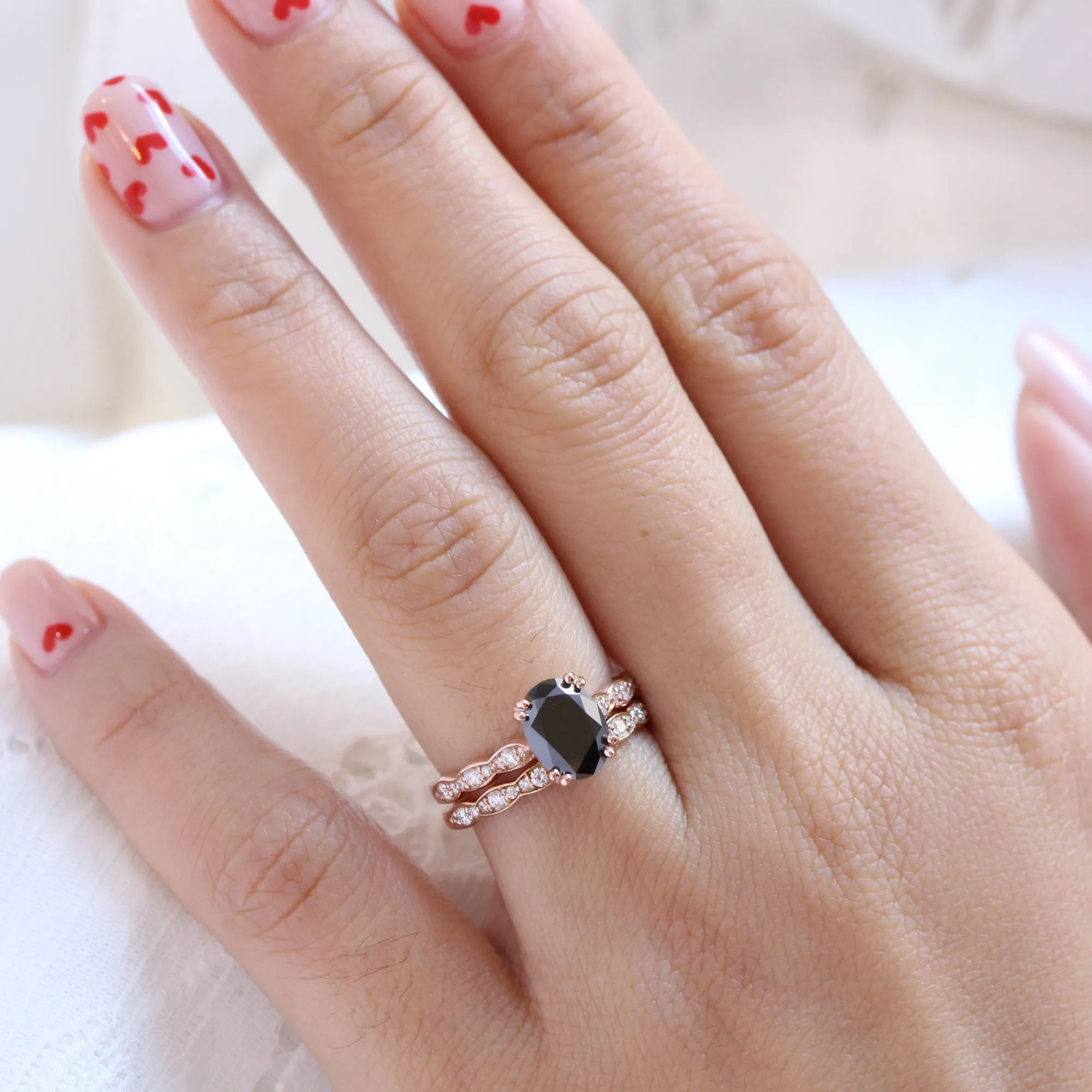 Grace Solitaire Black Diamond Ring Set w/ Oval Diamond and Matching Wedding Band