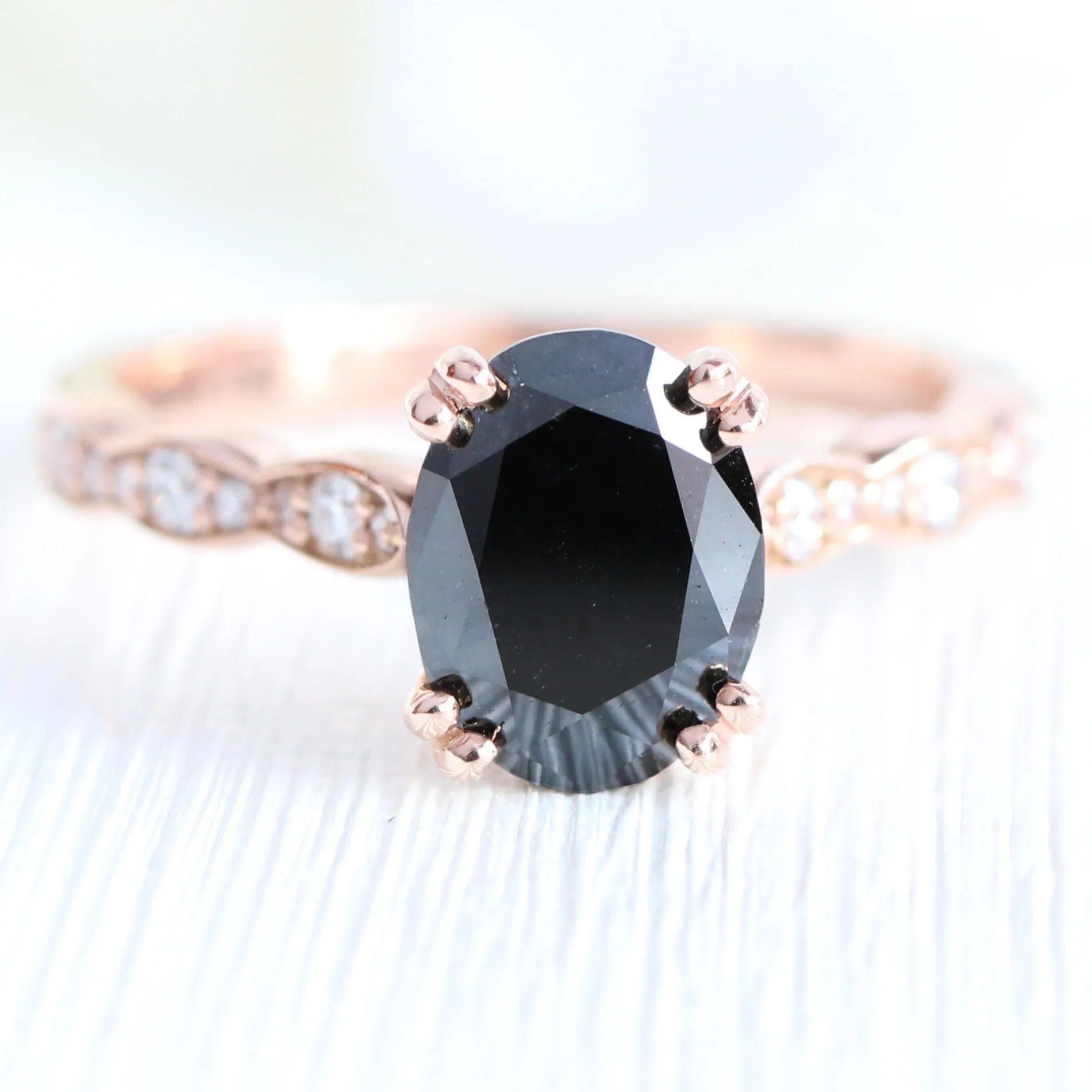 Grace Solitaire Black Diamond Ring Set w/ Oval Diamond and Matching Wedding Band