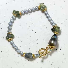 Gray Fresh Water Pearl, Green Sapphire, Jumbo Brown Baroque Pearl,Labradorite  Bracelet