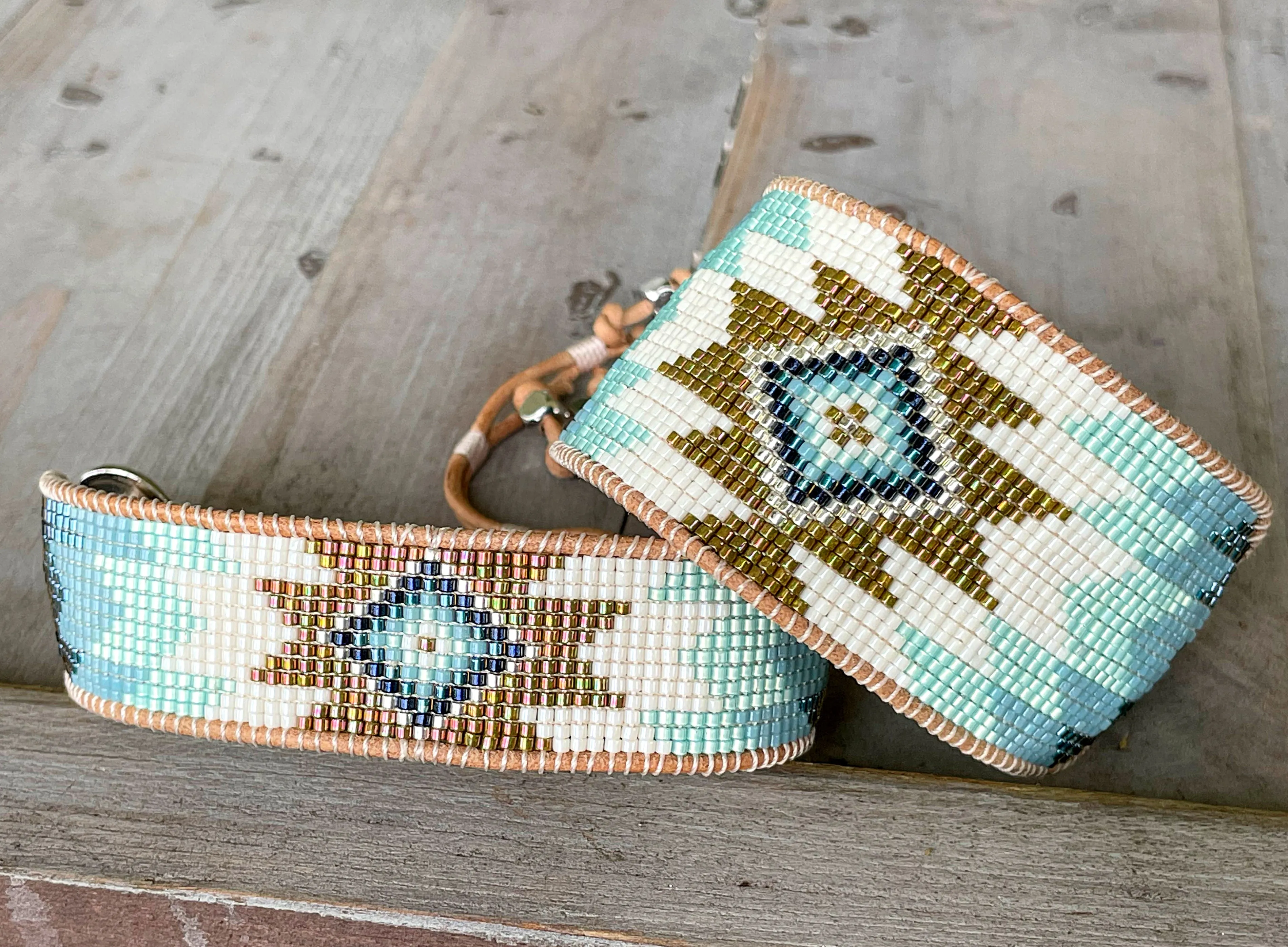 Green and Blue Starburst Southwestern Beaded Loom Cuff Bracelet