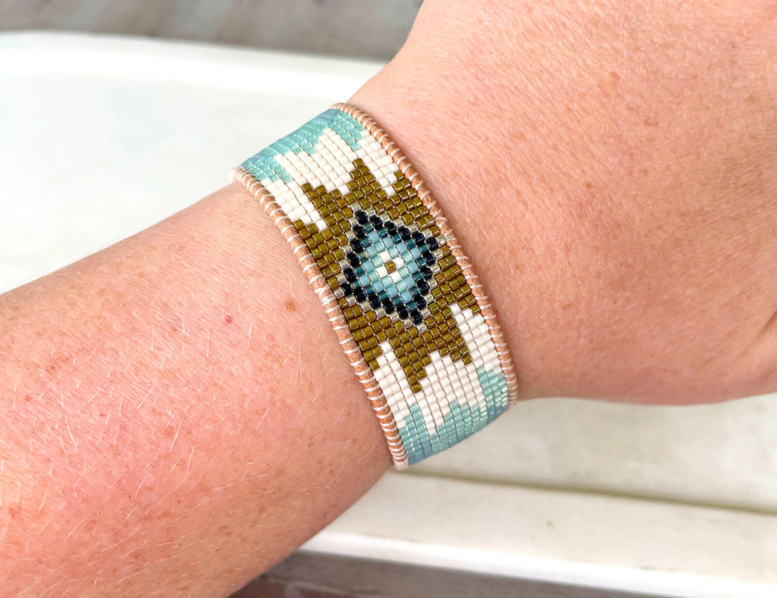 Green and Blue Starburst Southwestern Beaded Loom Cuff Bracelet