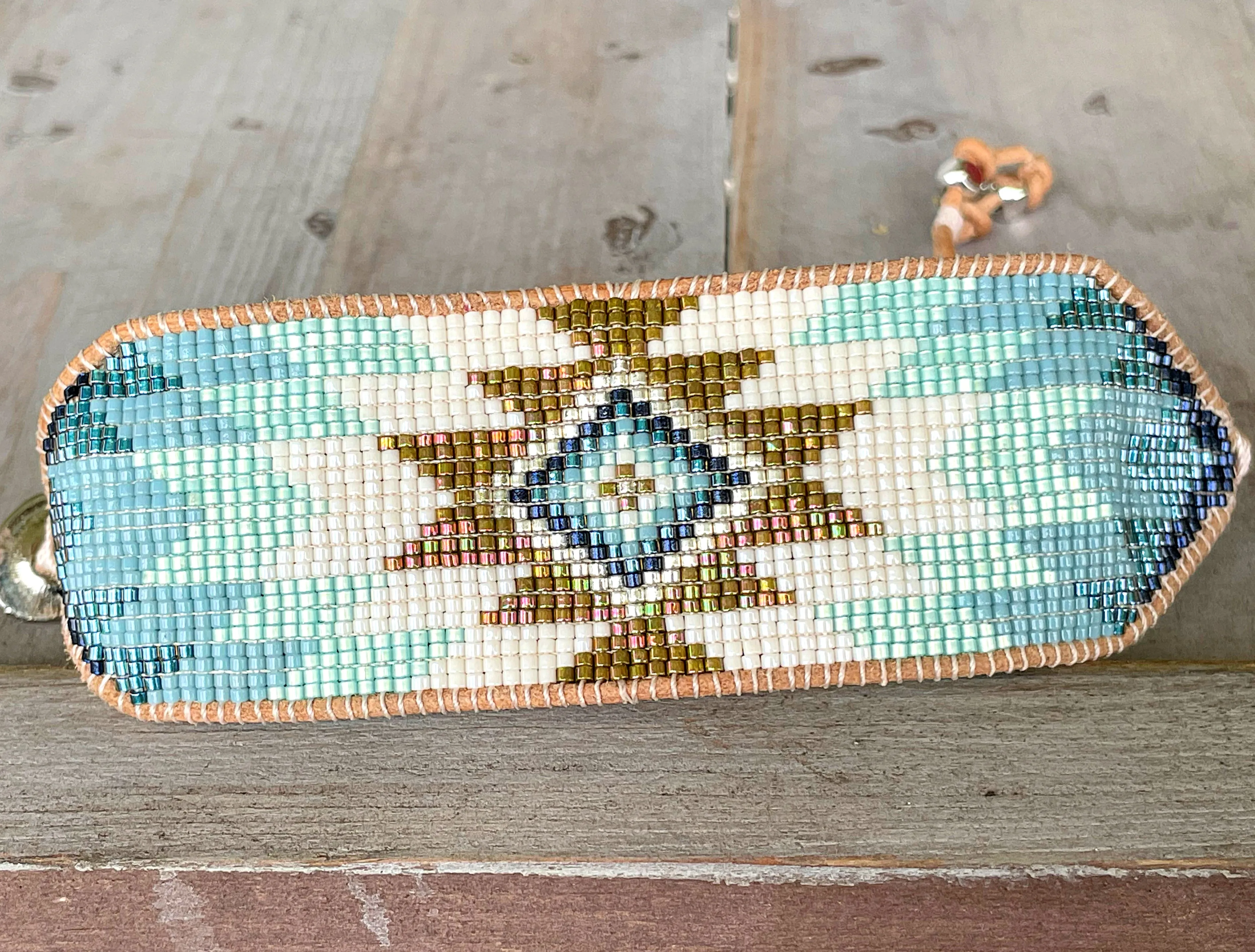 Green and Blue Starburst Southwestern Beaded Loom Cuff Bracelet