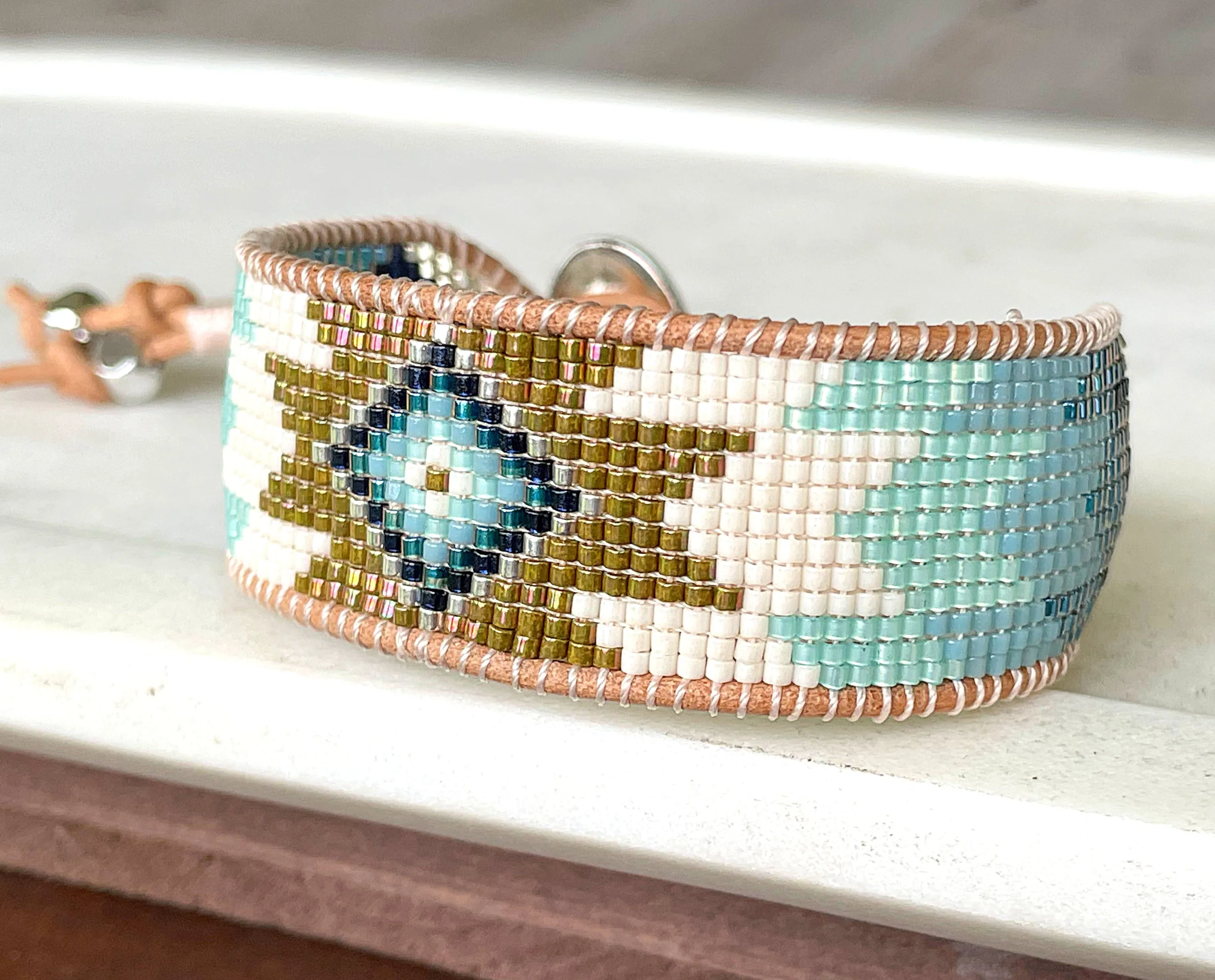 Green and Blue Starburst Southwestern Beaded Loom Cuff Bracelet