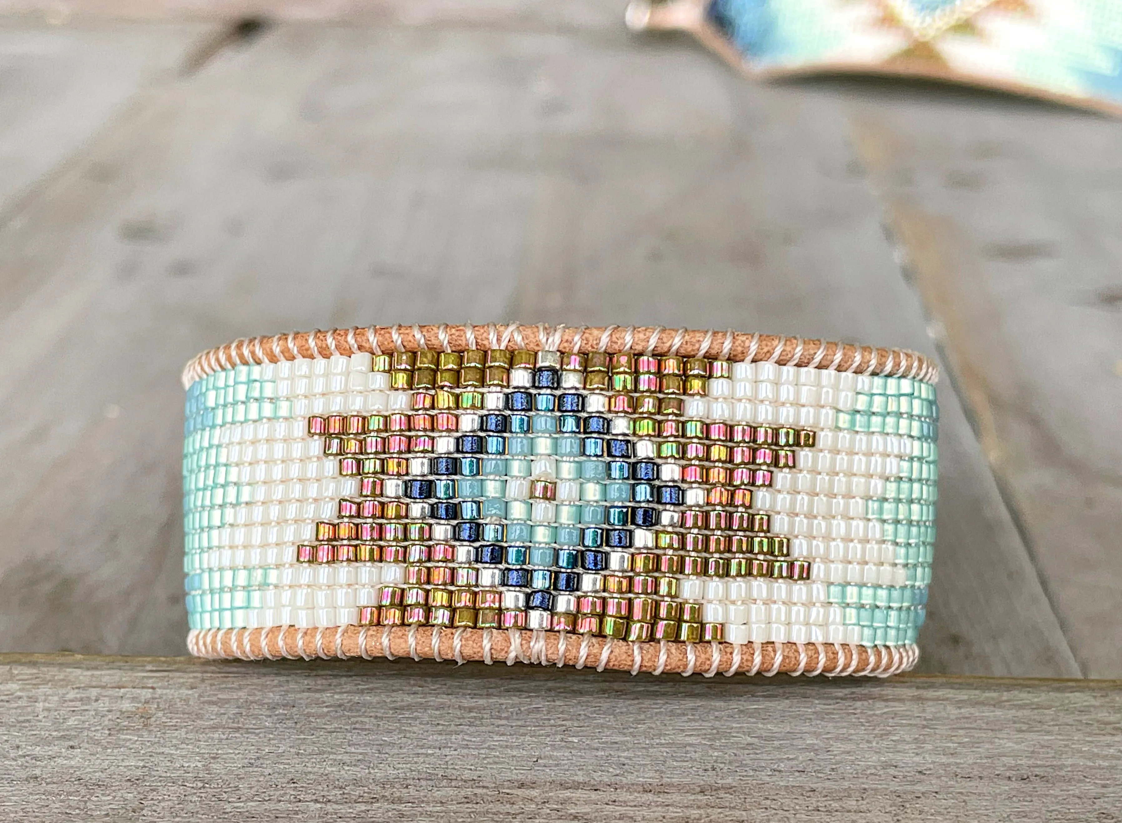 Green and Blue Starburst Southwestern Beaded Loom Cuff Bracelet