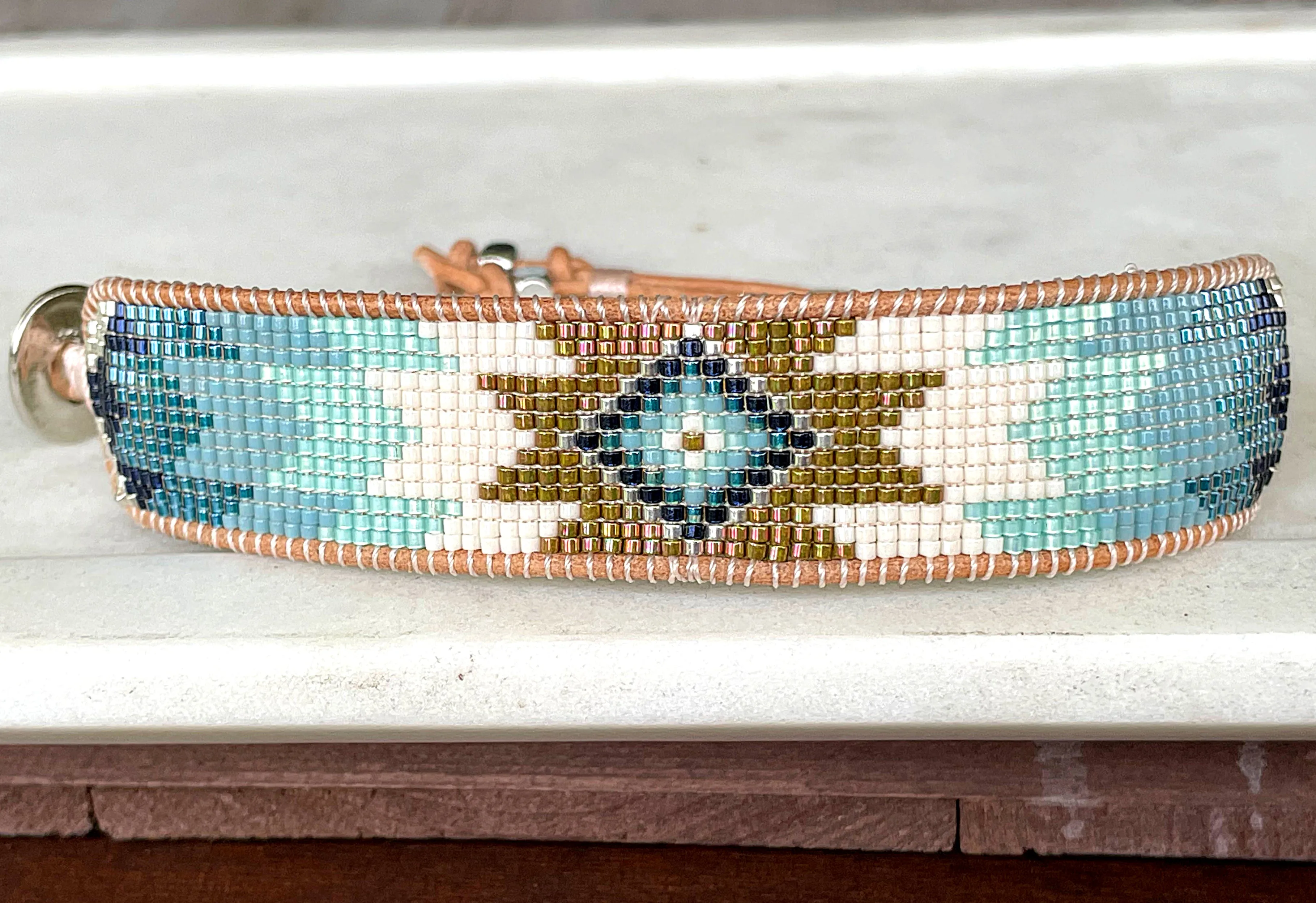 Green and Blue Starburst Southwestern Beaded Loom Cuff Bracelet