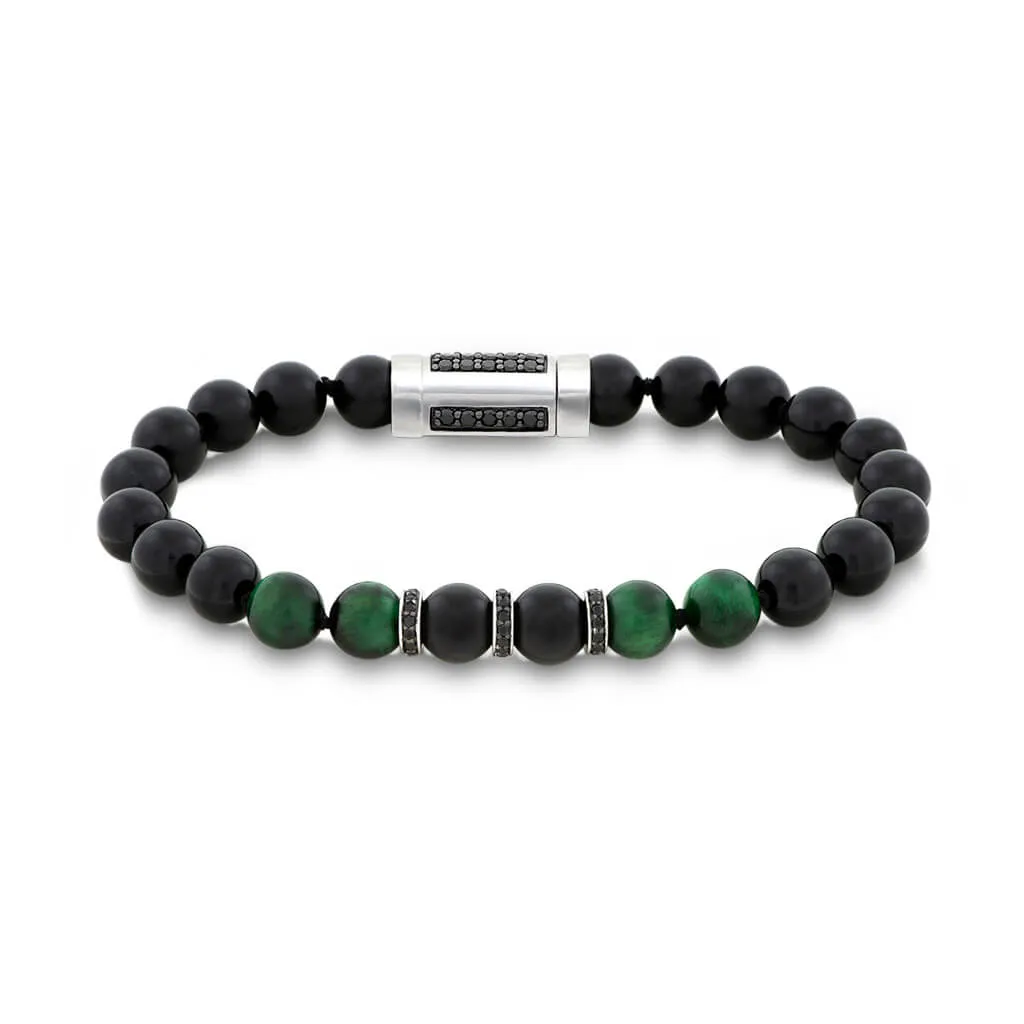 Green Tiger Eye & Black Onyx Bead 8.5" Bracelet with Black Spinel Rondels