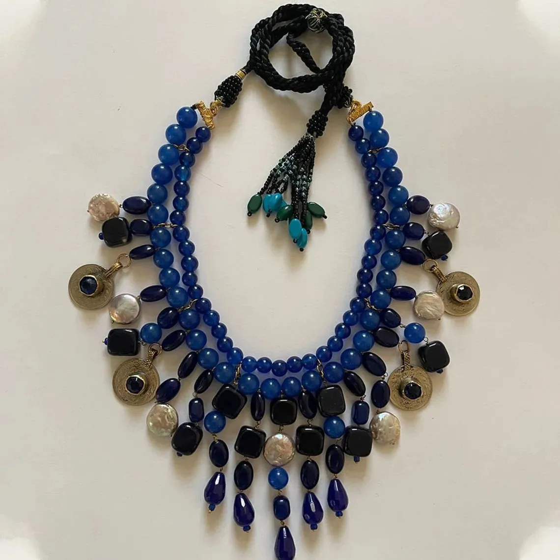 Handcrafted Lapis Choker Mala With Vintage Coins