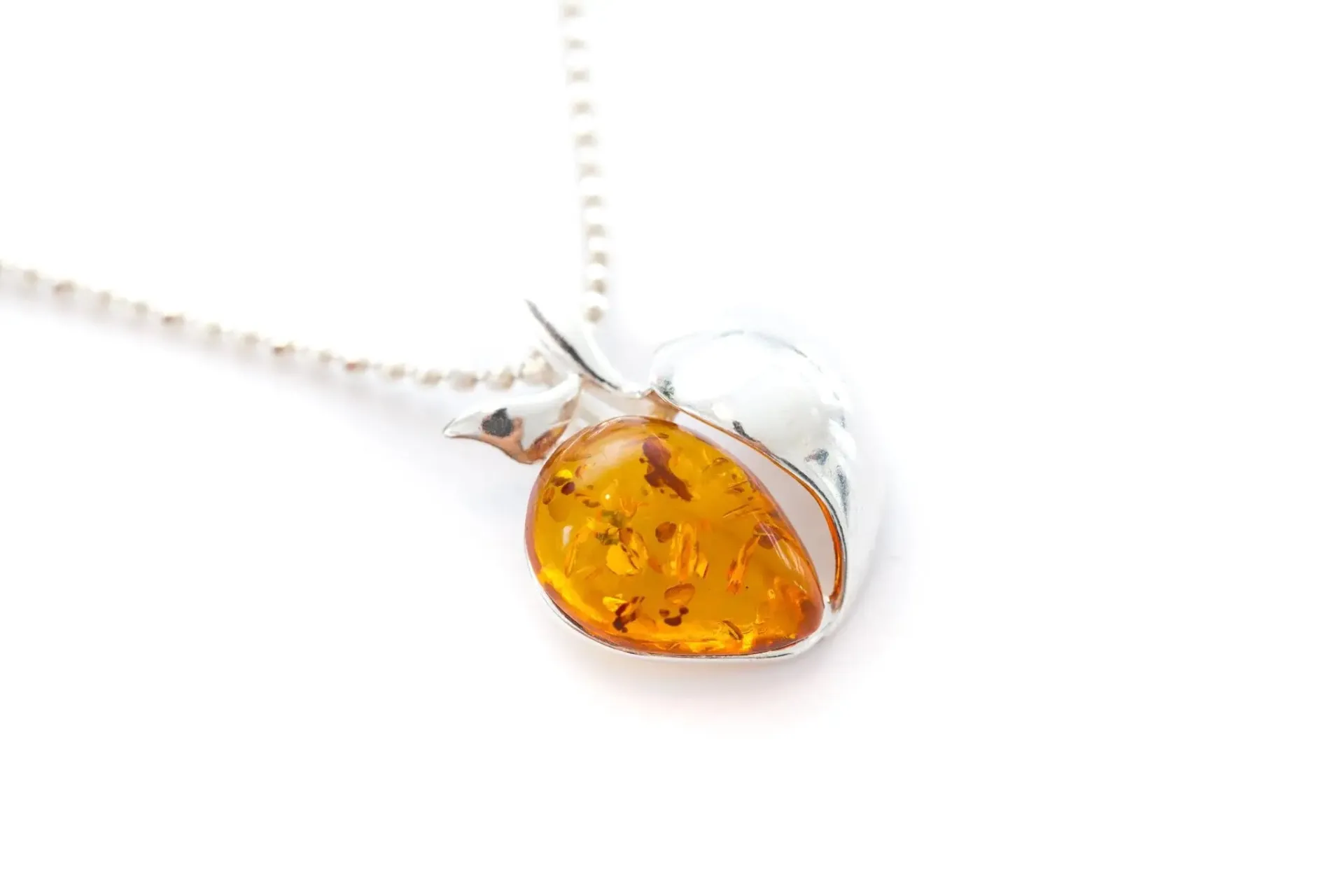 Handmade Amber Apple Pendant Necklace - Sterling Silver - Baltic Amber Gemstone - Unique Apple Charm Jewelry