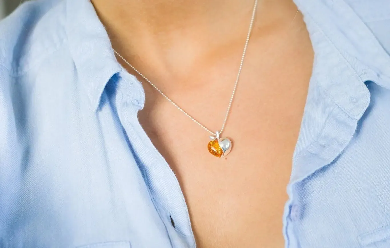 Handmade Amber Apple Pendant Necklace - Sterling Silver - Baltic Amber Gemstone - Unique Apple Charm Jewelry