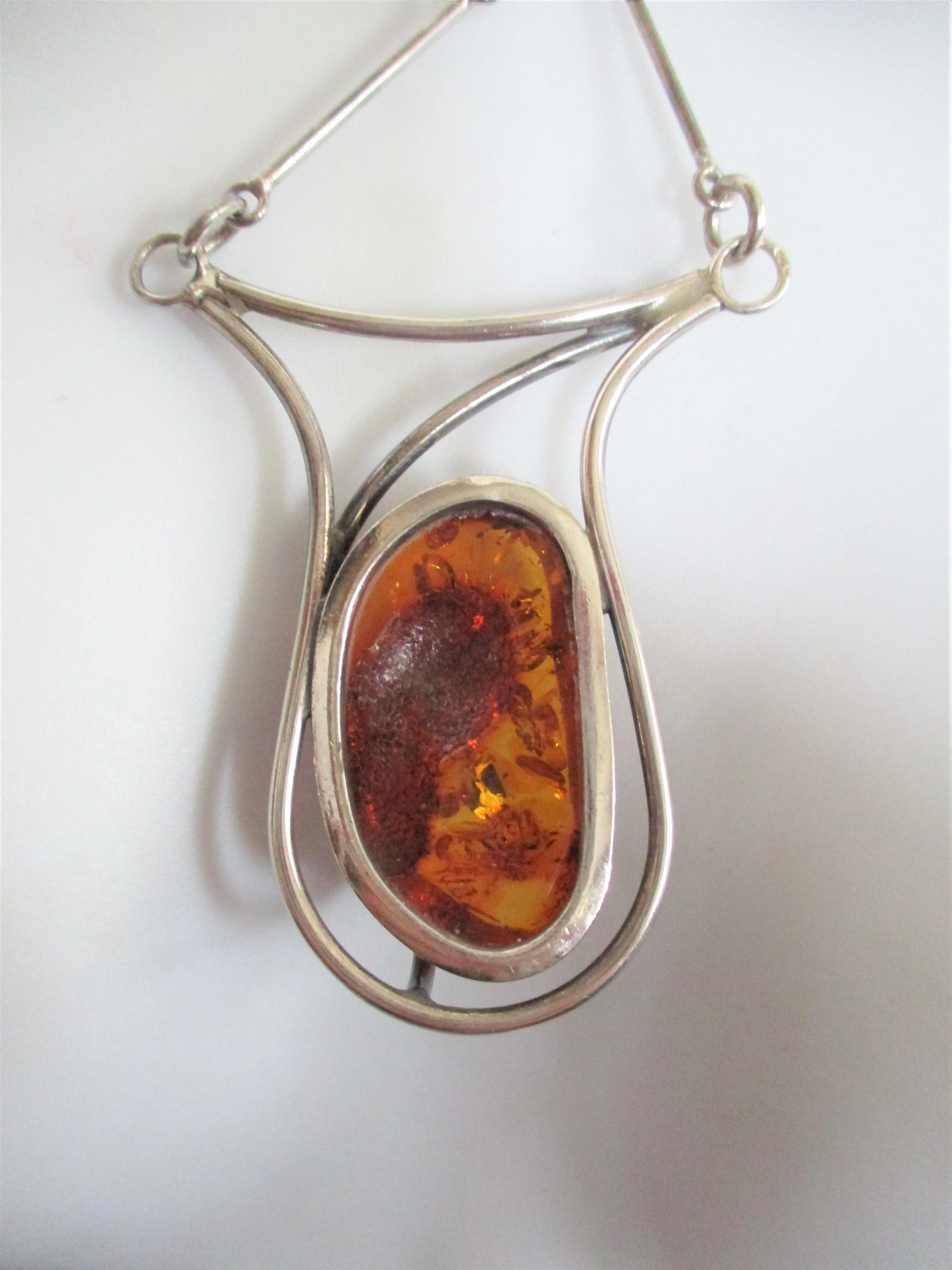 Handmade Signed Vintage Retro Hinged AMBER Sterling Silver Pendant Necklace