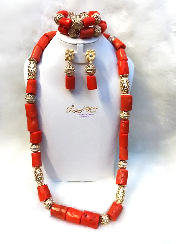 Her Emperor Majesty 100% Traditional Orange White Coral Beads African Nigerian Embelished Necklace Jewellery Set