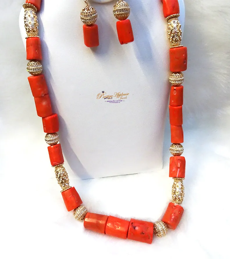 Her Emperor Majesty 100% Traditional Orange White Coral Beads African Nigerian Embelished Necklace Jewellery Set