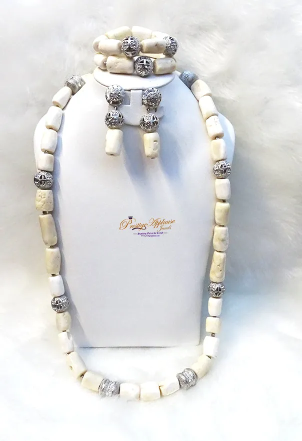 Her Emperor Majesty 100% Traditional Orange White Coral Beads African Nigerian Embelished Necklace Jewellery Set