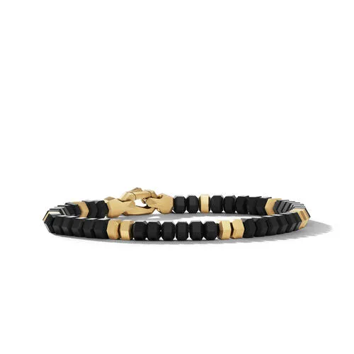 Hex Bead Bracelet with Black Onyx and 18K Yellow Gold, Size Medium