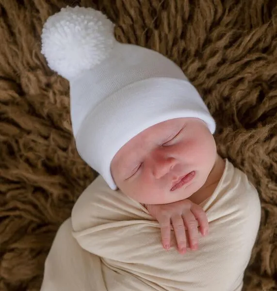 ilybean Solid White Newborn Hospital Hat with white Pom Pom - Gender Neutral