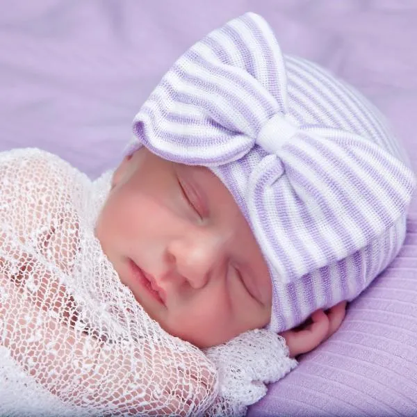 Ilybean Stella Lavender and White Striped Bow with White Ribbon Center - Newborn Girl Hospital Hat