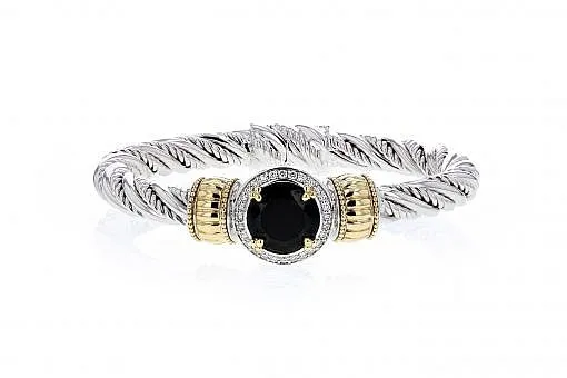 Italian Sterling Silver Bangle Bracelet with black onyx center stone, 0.42ct diamonds, and 14K solid yellow gold accents