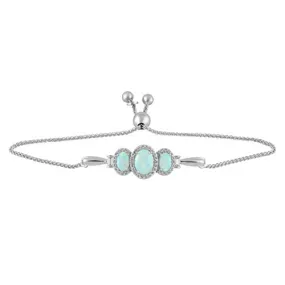 Jewelili Sterling Silver Oval Created Opal and Tapper Baguette and Round Created White Sapphire Bolo Bracelet, 9.5"