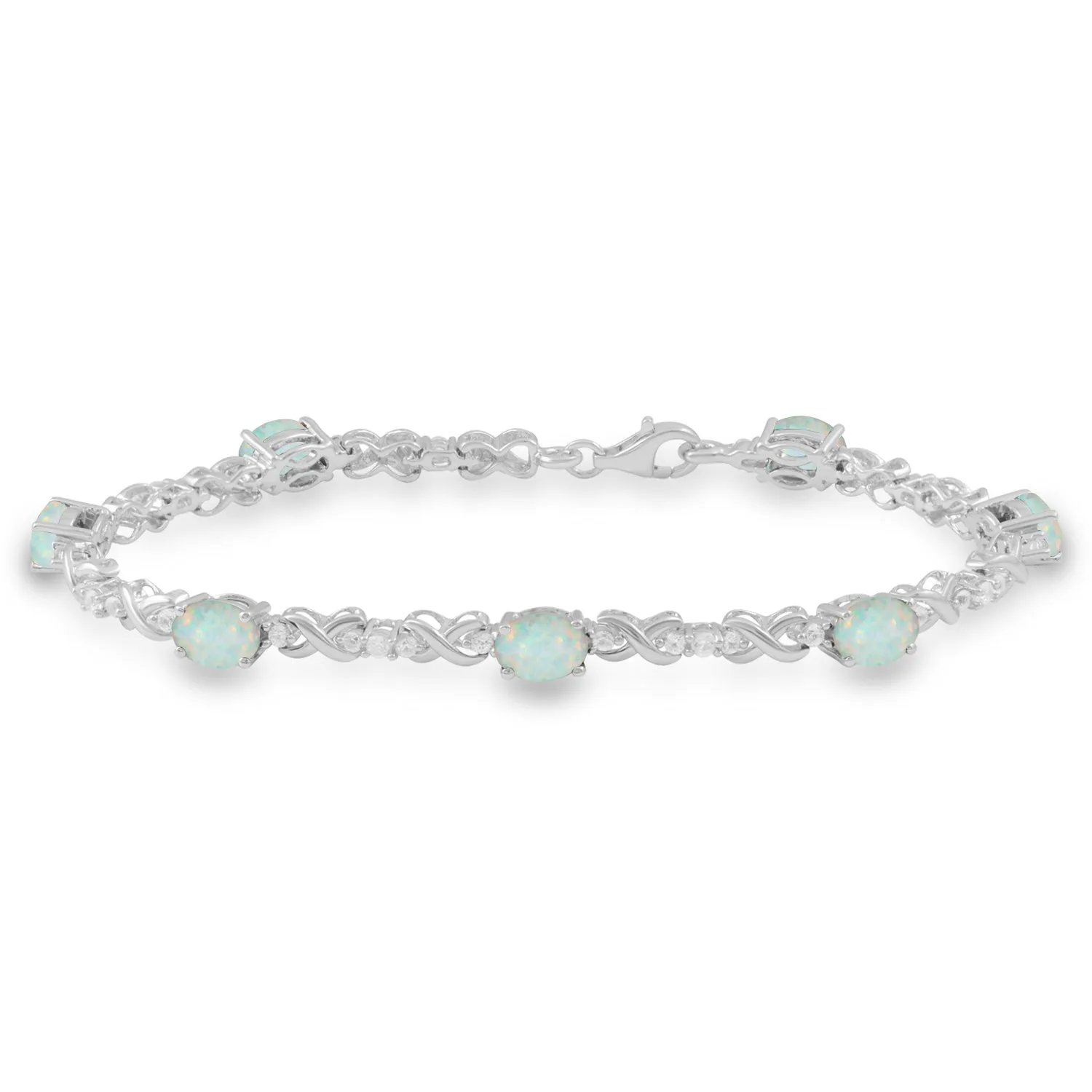 Jewelili Sterling Silver With 7x5 MM Oval Shape Created Opal and Created White Sapphire Bracelet