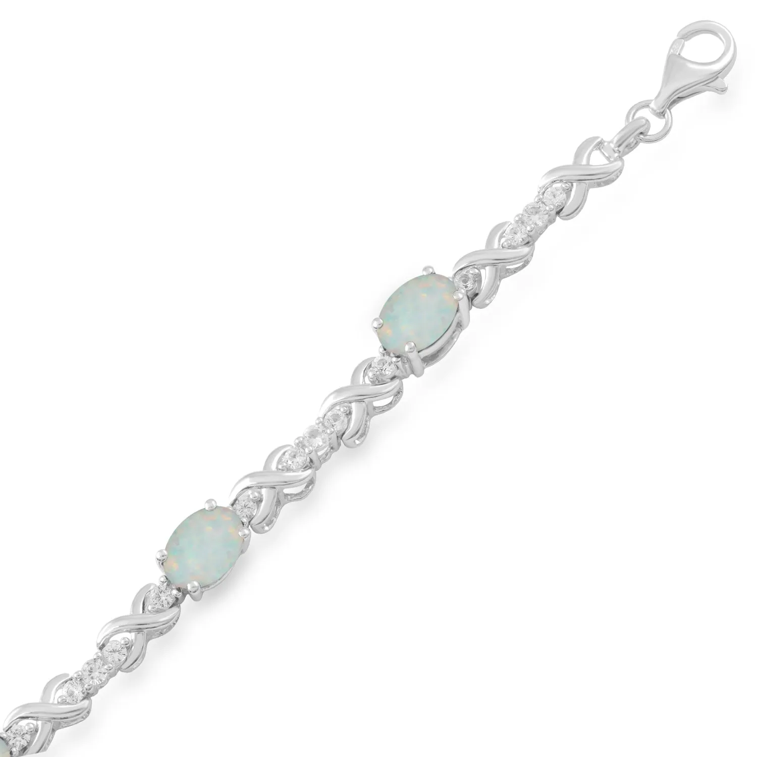 Jewelili Sterling Silver With 7x5 MM Oval Shape Created Opal and Created White Sapphire Bracelet