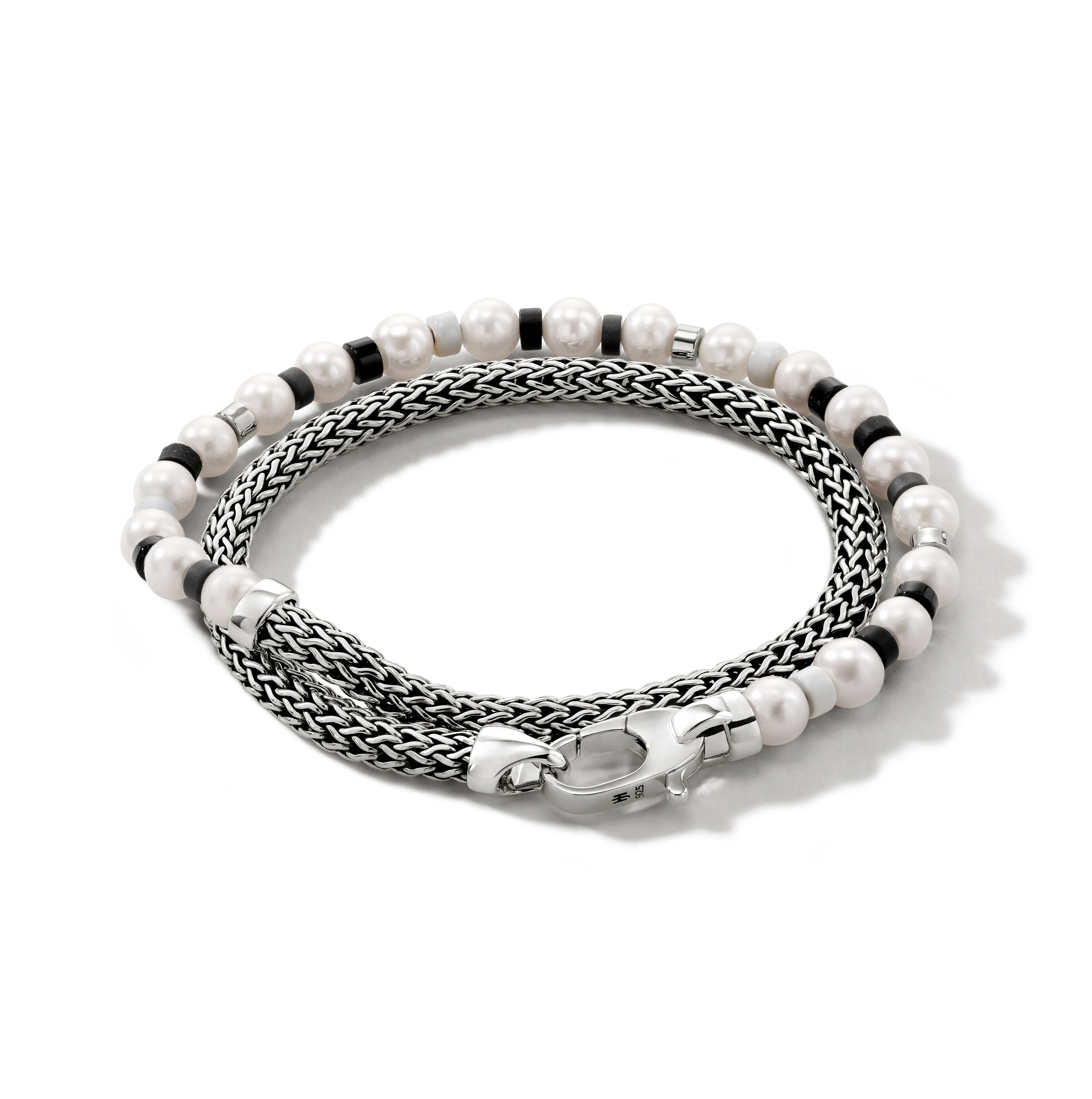 John Hardy Colorblock Silver Pearl Chain Double Wrap Bracelet