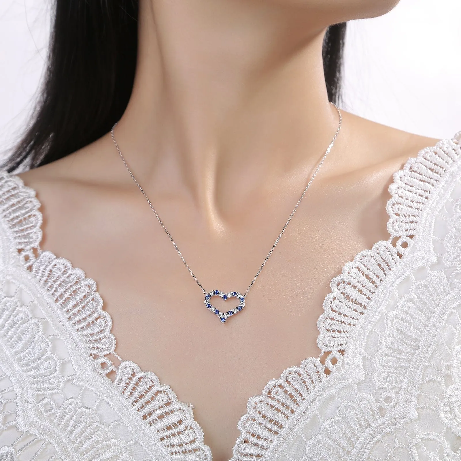 Lab Grown Diamond & Natural Blue Sapphire Open Heart Necklace