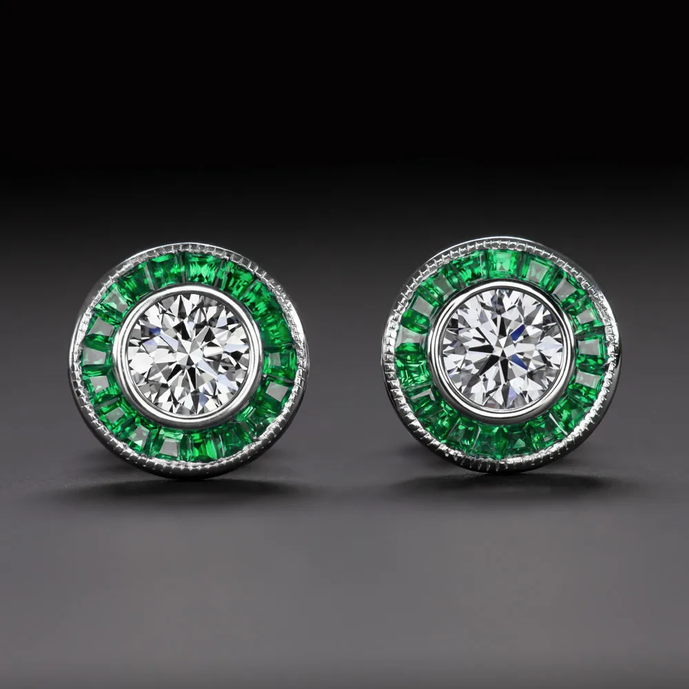 LAB GROWN DIAMOND EMERALD STUD EARRINGS ART DECO VINTAGE STYLE CALIBRE HALO