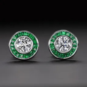 LAB GROWN DIAMOND EMERALD STUD EARRINGS ART DECO VINTAGE STYLE CALIBRE HALO