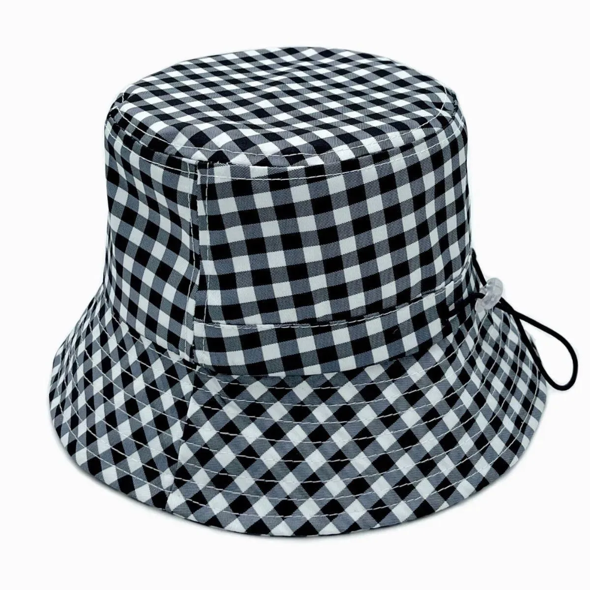 Ladies Drawstring Bucket Hat Black and White Print