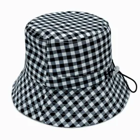 Ladies Drawstring Bucket Hat Black and White Print