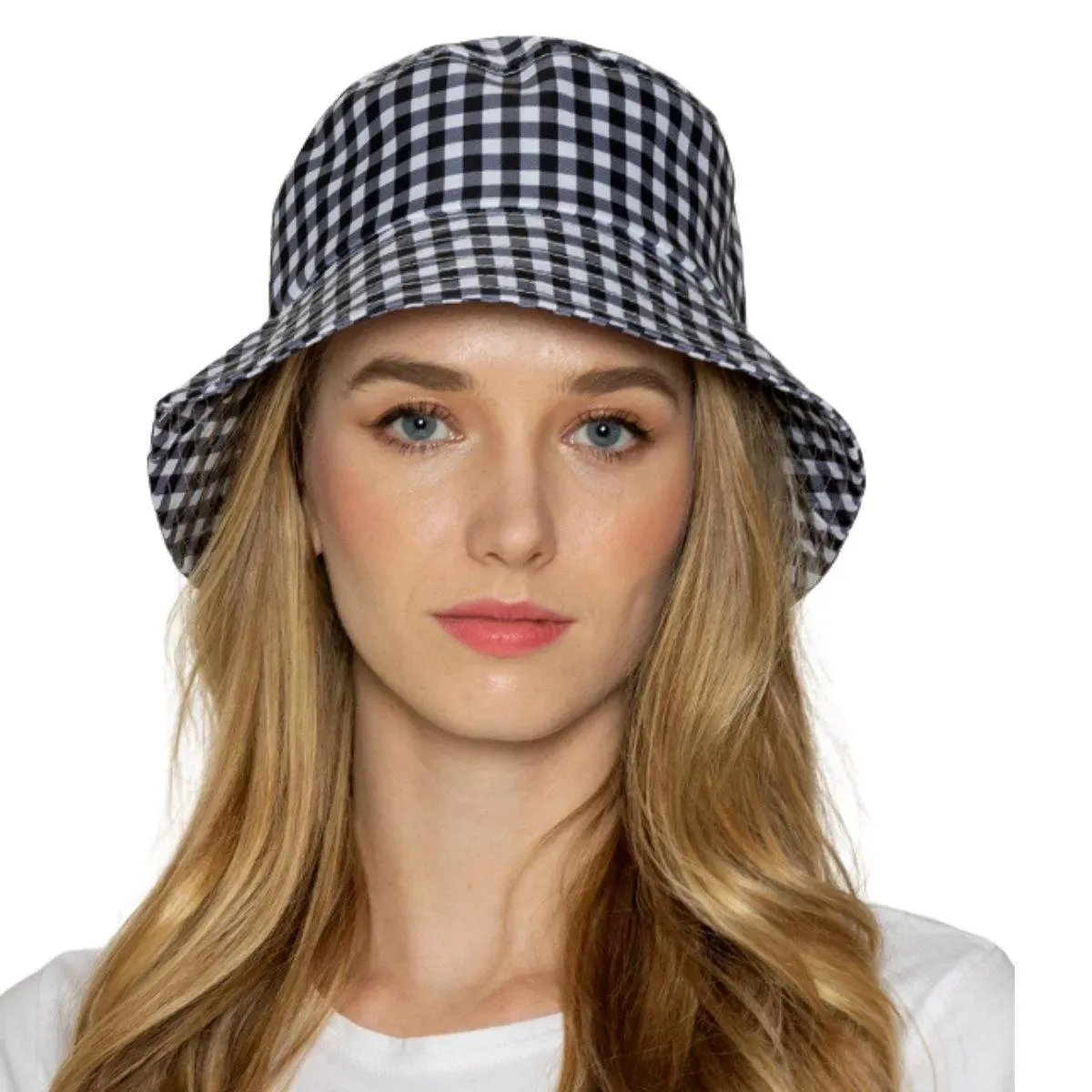 Ladies Drawstring Bucket Hat Black and White Print