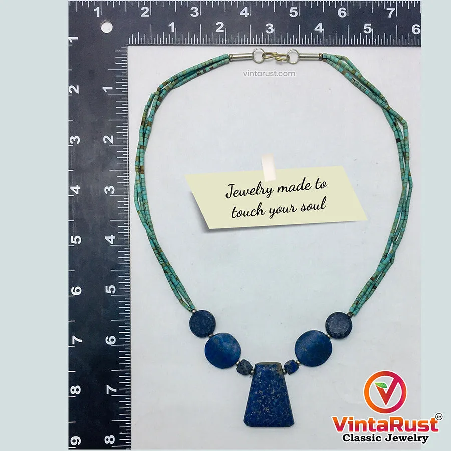 Lapis Stone Necklace With Turquoise Beaded Layered Chain