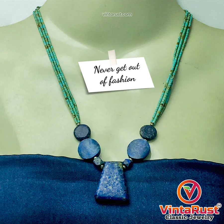 Lapis Stone Necklace With Turquoise Beaded Layered Chain