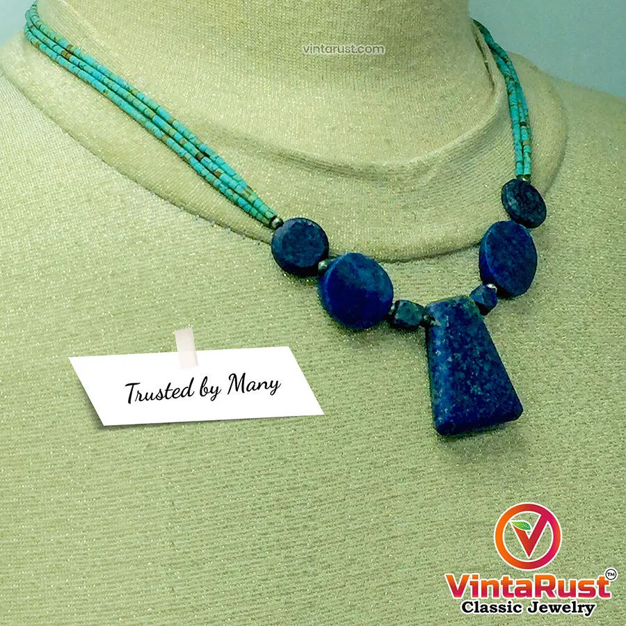 Lapis Stone Necklace With Turquoise Beaded Layered Chain