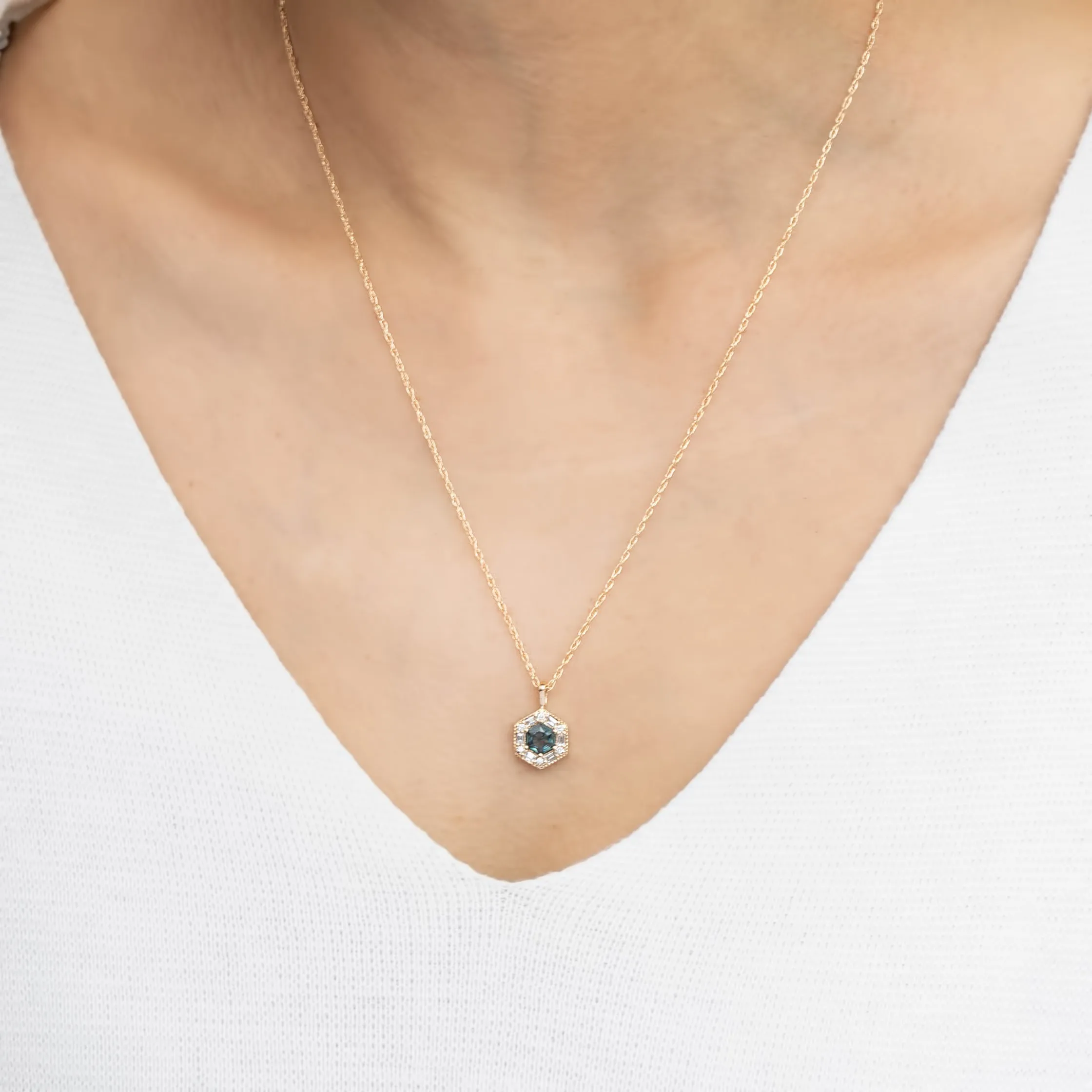 Lila Hexagon Necklace - 5mm Montana Sapphire Necklace, 14k yellow gold (One of a kind)