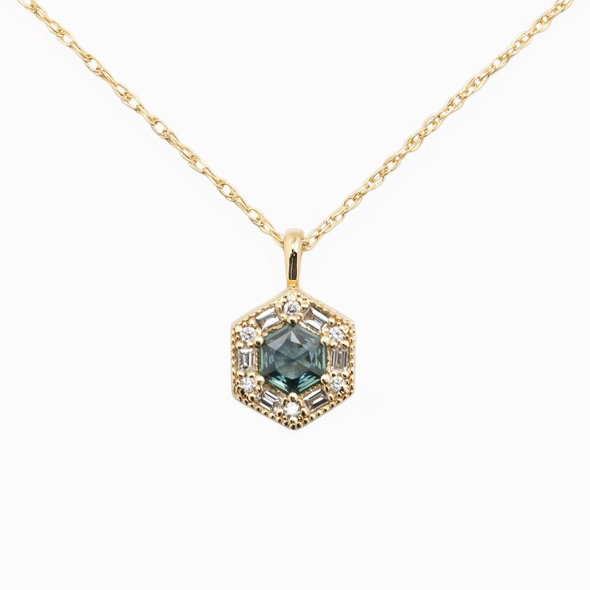 Lila Hexagon Necklace - 5mm Montana Sapphire Necklace, 14k yellow gold (One of a kind)