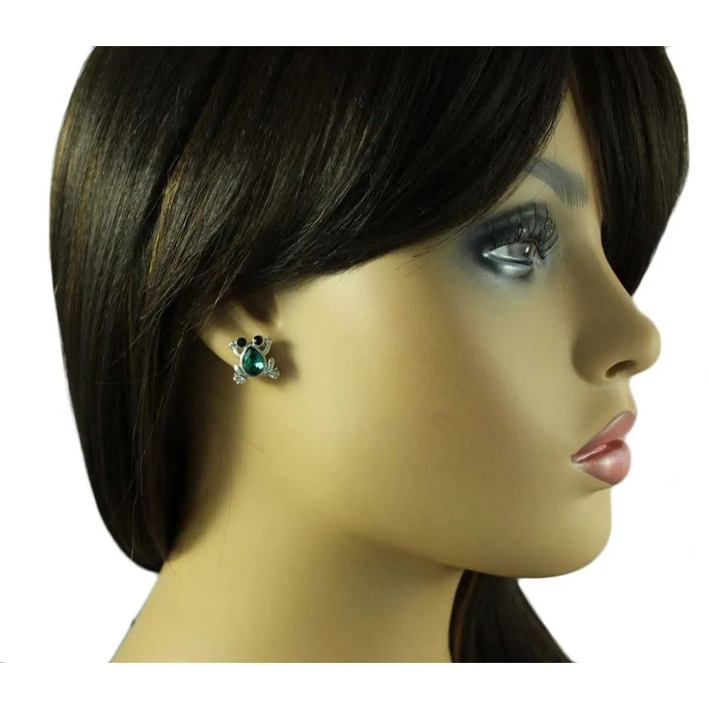 Little Green Crystal Frog with Black Eyes Pierced Earring - REC547