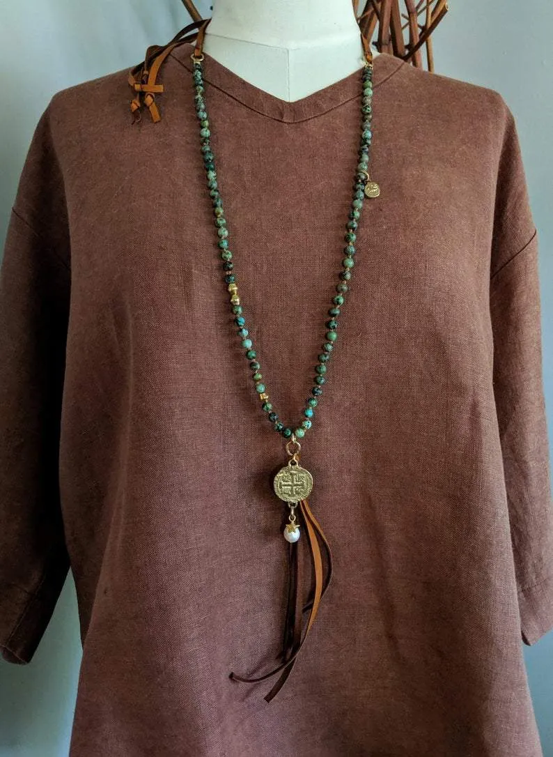 Long African Turquoise Medallion Leather Pendant Necklace