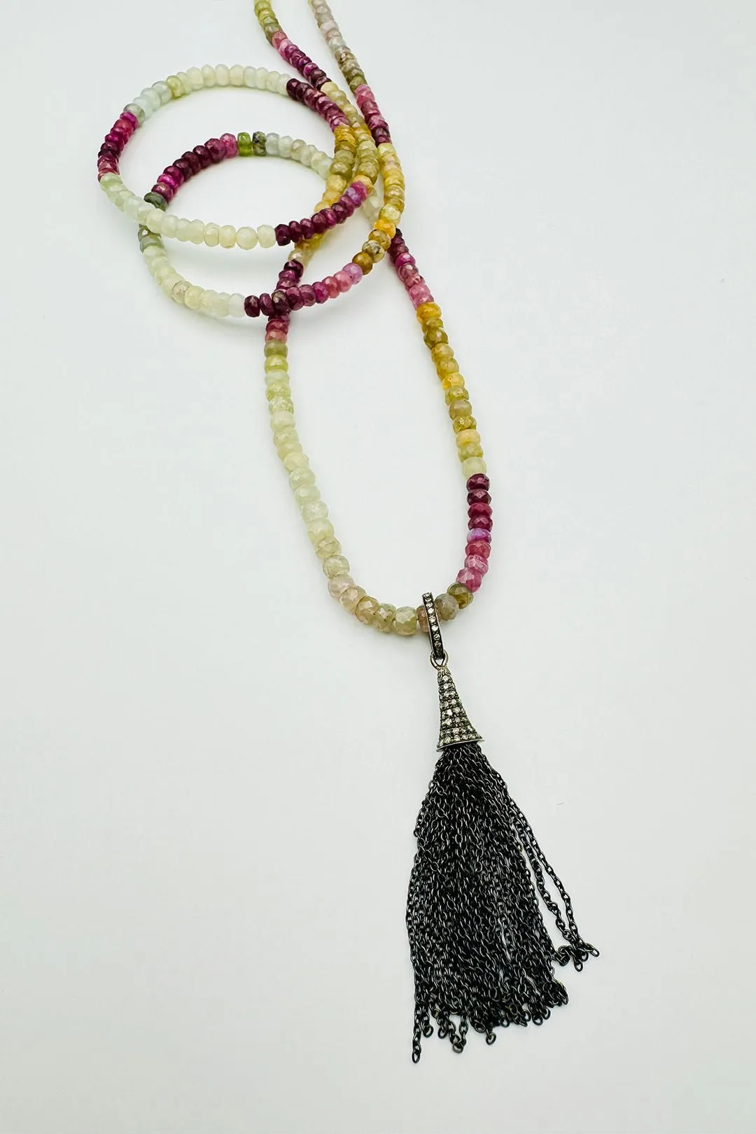 LONG MUTED SAPPHIRE NECKLACE WITH DIAMOND TASSEL