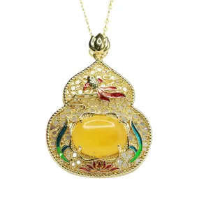 Lotus Leaf Fish Gourd Pendant Necklace crafted in Beeswax Amber and Sterling Silver