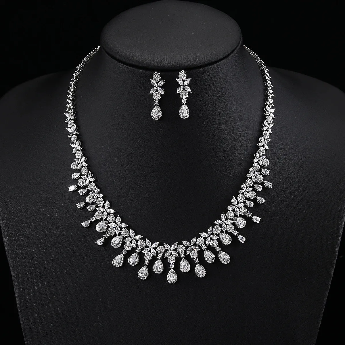 Luxury Cubic Zirconia Bridal Wedding Flower Necklace Earrings Jewelry Set Bridal Wedding Accessories CN11043