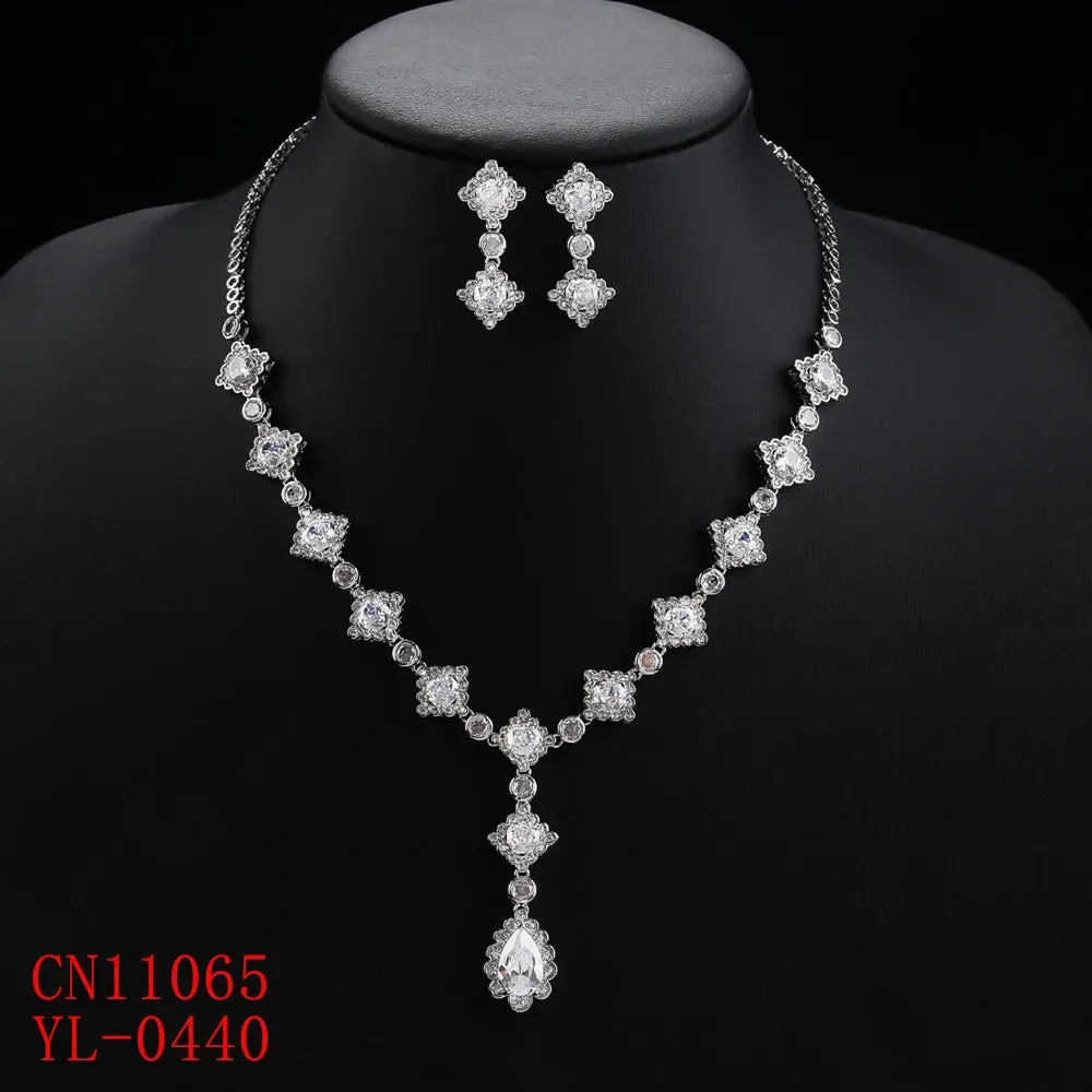 Luxury Women Necklace and Earring Set  Zirconia Silver Color Pink and Green Wedding Jewelry Set CN11065