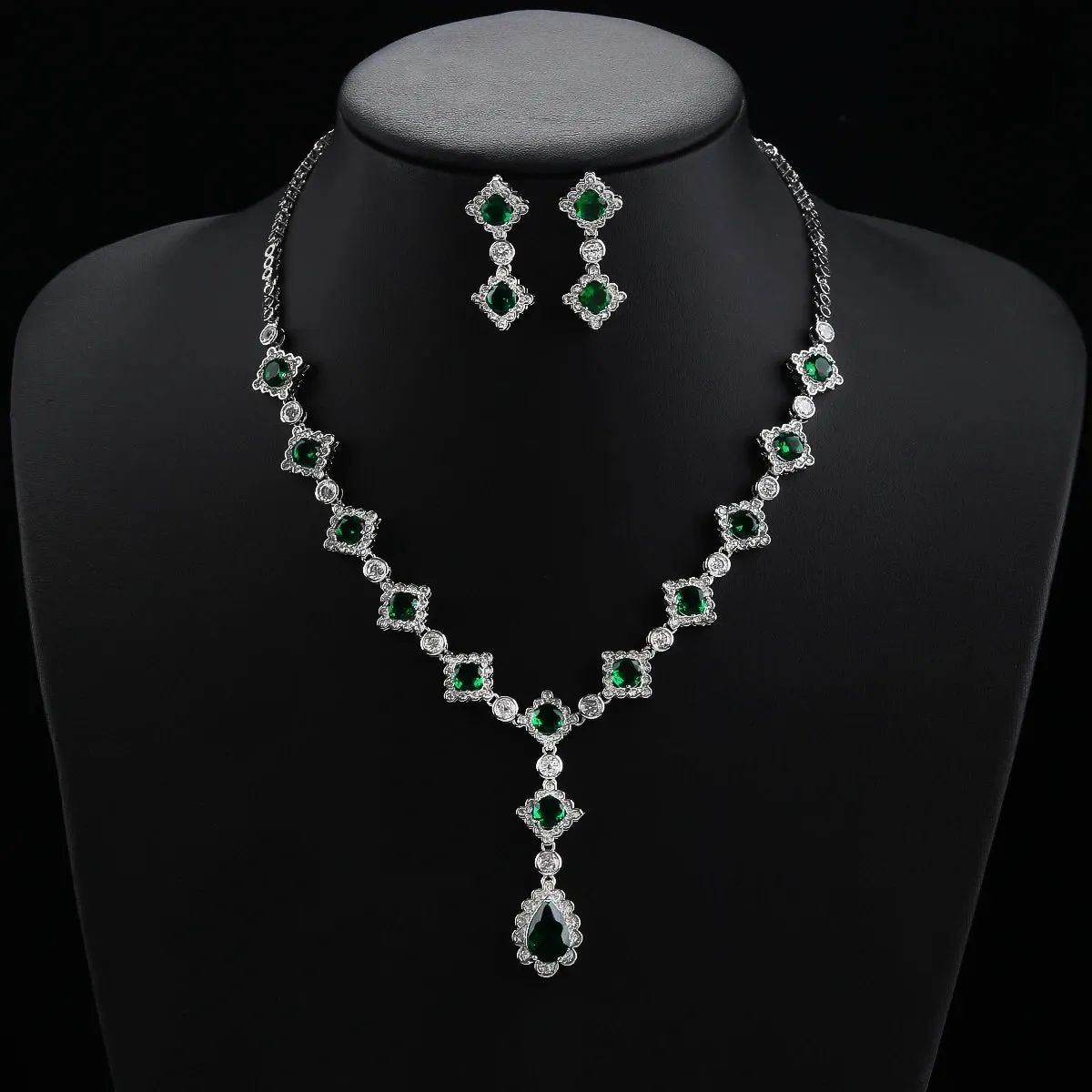 Luxury Women Necklace and Earring Set  Zirconia Silver Color Pink and Green Wedding Jewelry Set CN11065