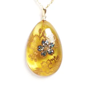 Maki-e Urushi Lacquer Pendant Necklace - Amber / Cherry Blossom -, Traditional Japanese Urushi Lacquer Jewelry