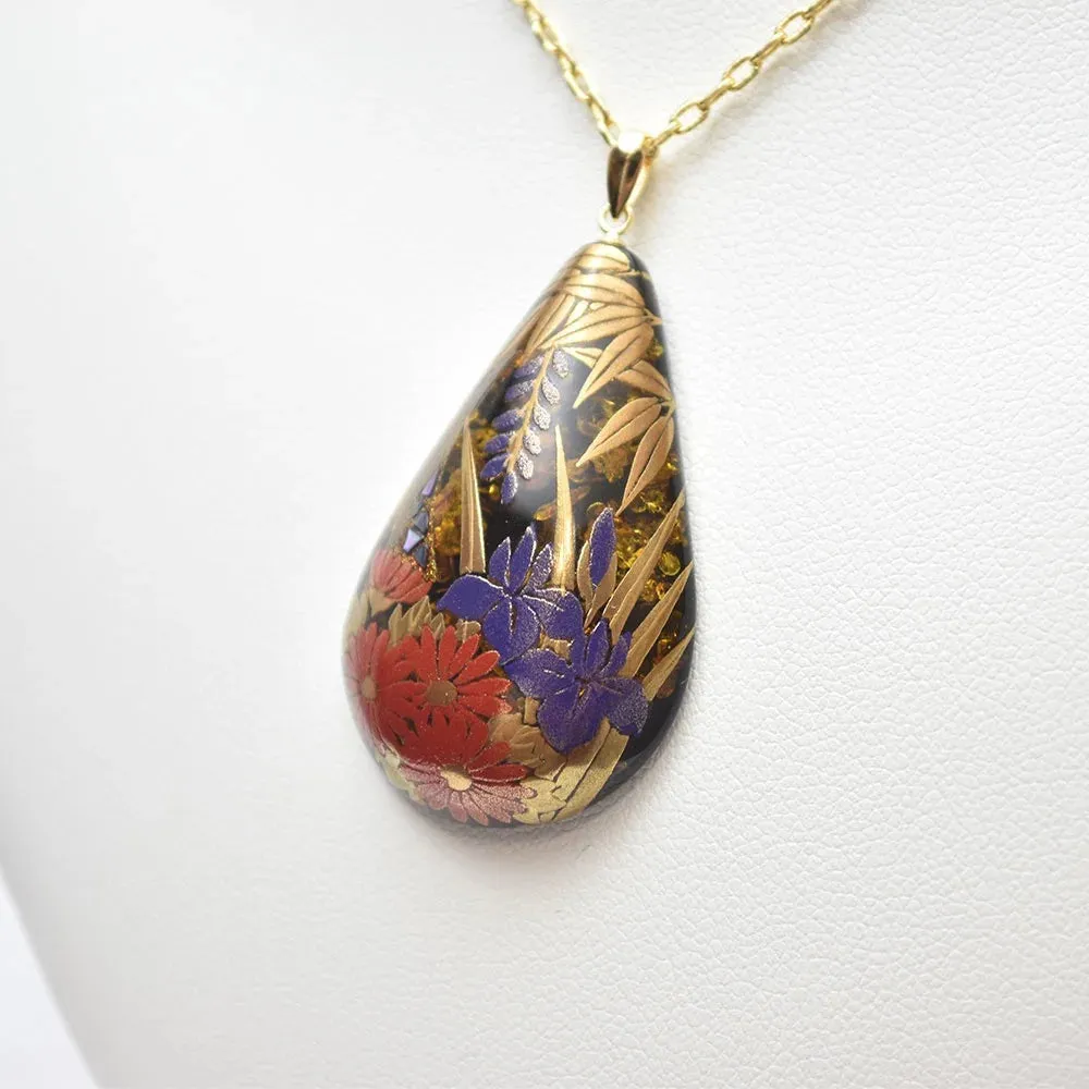 Maki-e Urushi Lacquer Pendant Necklace - Amber / Flower -, Traditional Japanese Urushi Lacquer Jewelry