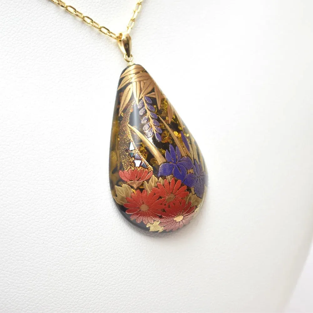 Maki-e Urushi Lacquer Pendant Necklace - Amber / Flower -, Traditional Japanese Urushi Lacquer Jewelry