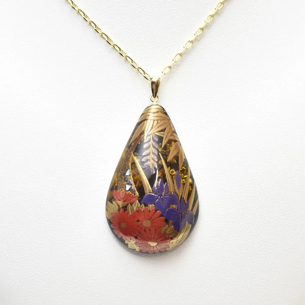 Maki-e Urushi Lacquer Pendant Necklace - Amber / Flower -, Traditional Japanese Urushi Lacquer Jewelry