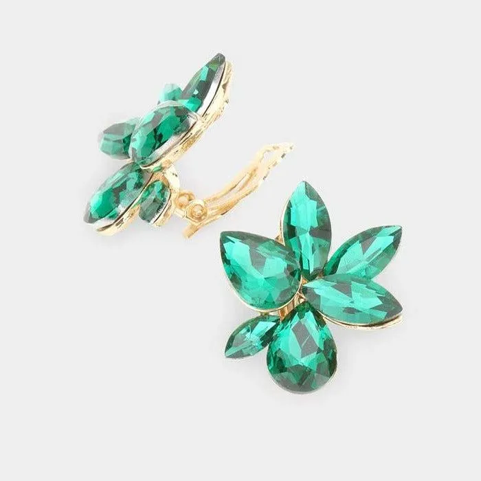 Marquise Teardrop Green Cluster Clip on Evening Earrings