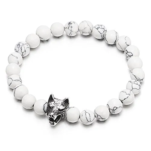 Mens 8MM Beads Bracelet with Stainless Steel Wolf Head Charm, Stretchable